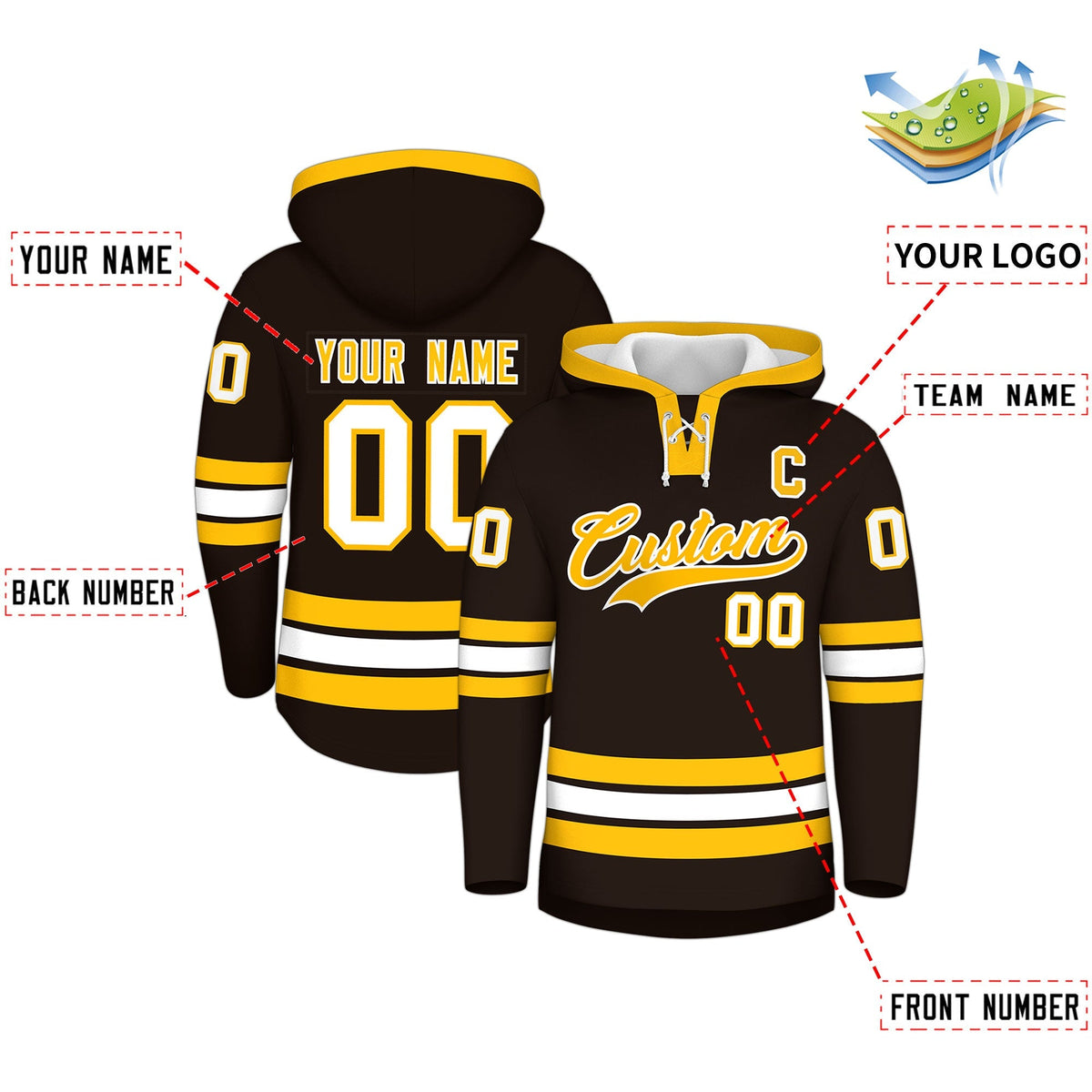 Custom Hockey Hoodie Jersey Brown Gold Classic Style Add Name,Number &amp; Logo
