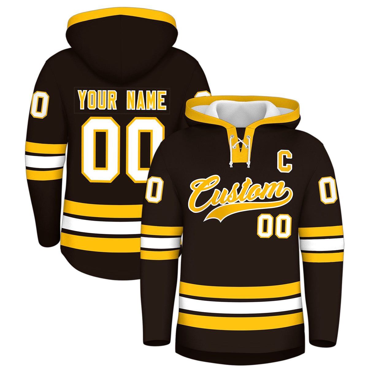 Custom Hockey Hoodie Jersey Brown Gold Classic Style Add Name,Number &amp; Logo