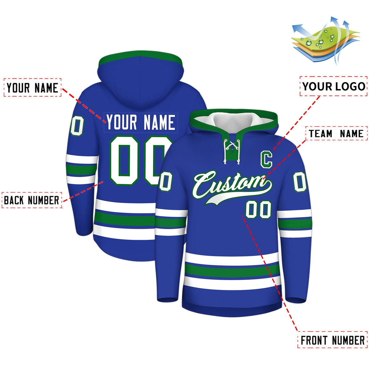 Custom Hockey Hoodie Jersey Royal Blue Kelly Green Classic Style for Men&amp;Youth