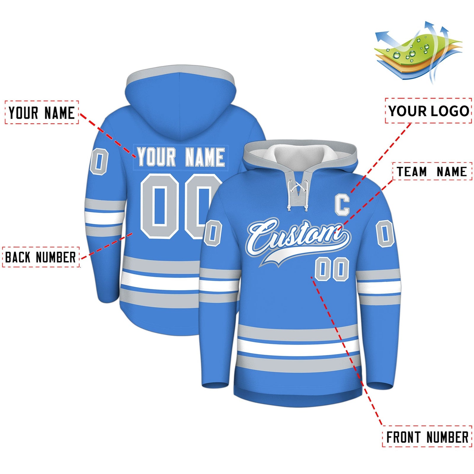 Custom Hockey Hoodie Jersey Powder Blue Silver Classic Style for Men&Youth