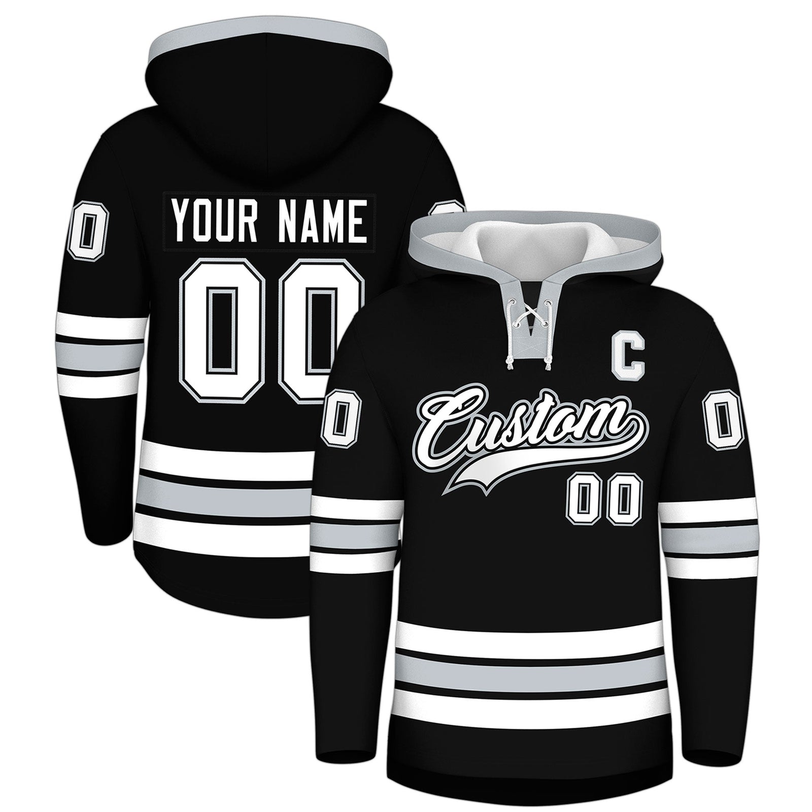 Custom Hockey Hoodie Jersey Black Silver Classic Style for Men&Youth