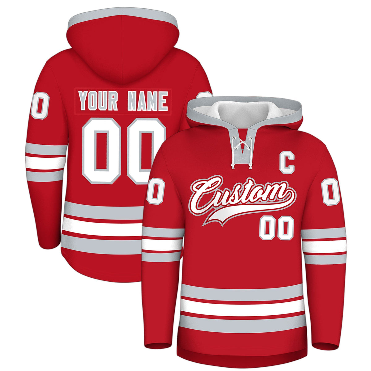 Custom Hockey Hoodie Jersey Red Silver Classic Style Add Name,Number &amp; Logo