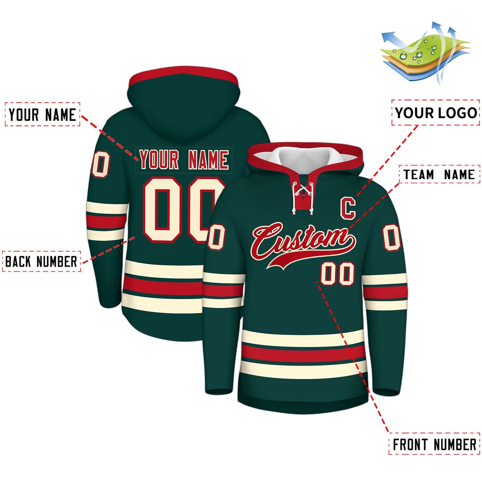 Custom Hockey Hoodie Jersey Midnight Green Red Classic Style Add Name,Number & Logo