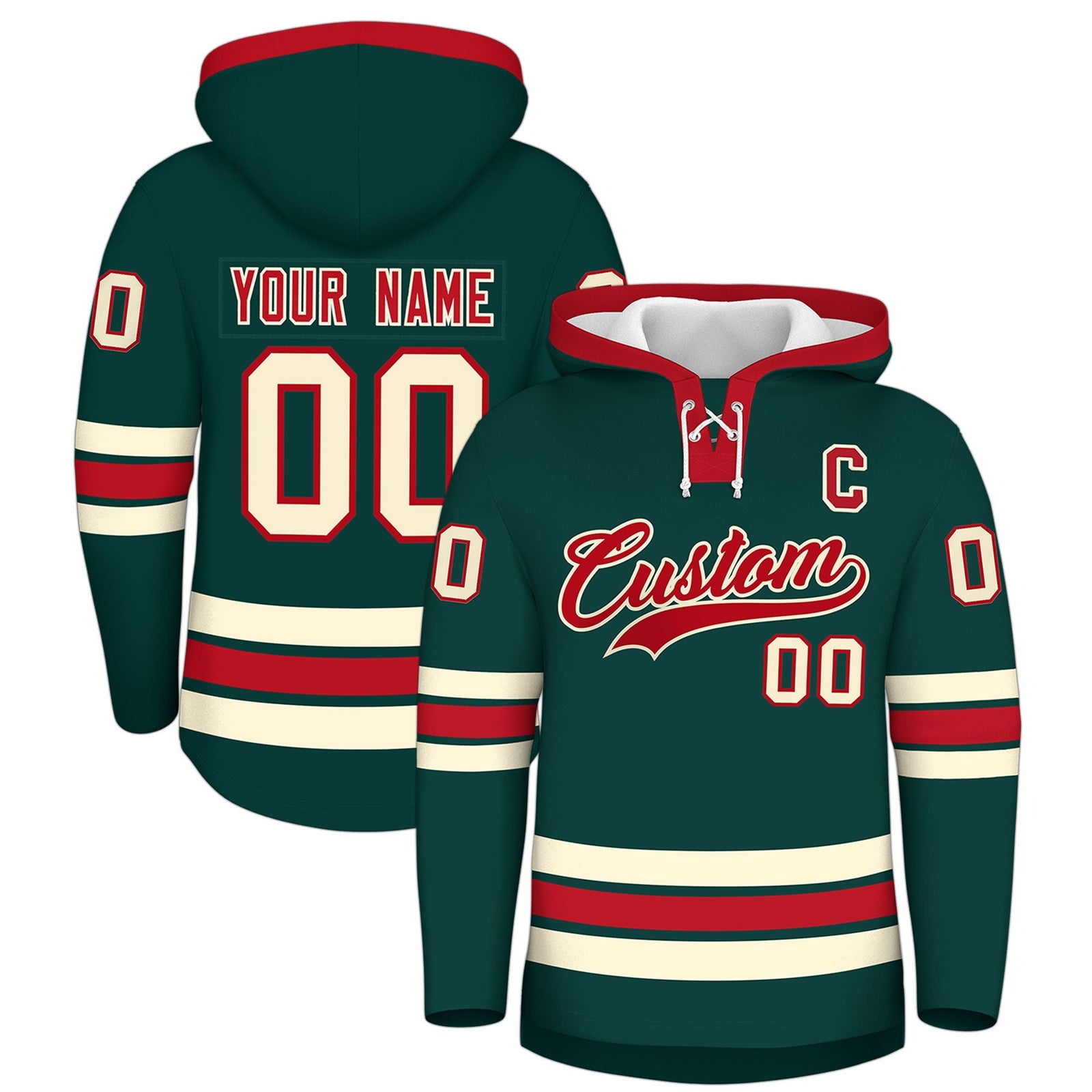 Custom Hockey Hoodie Jersey Midnight Green Red Classic Style Add Name,Number & Logo