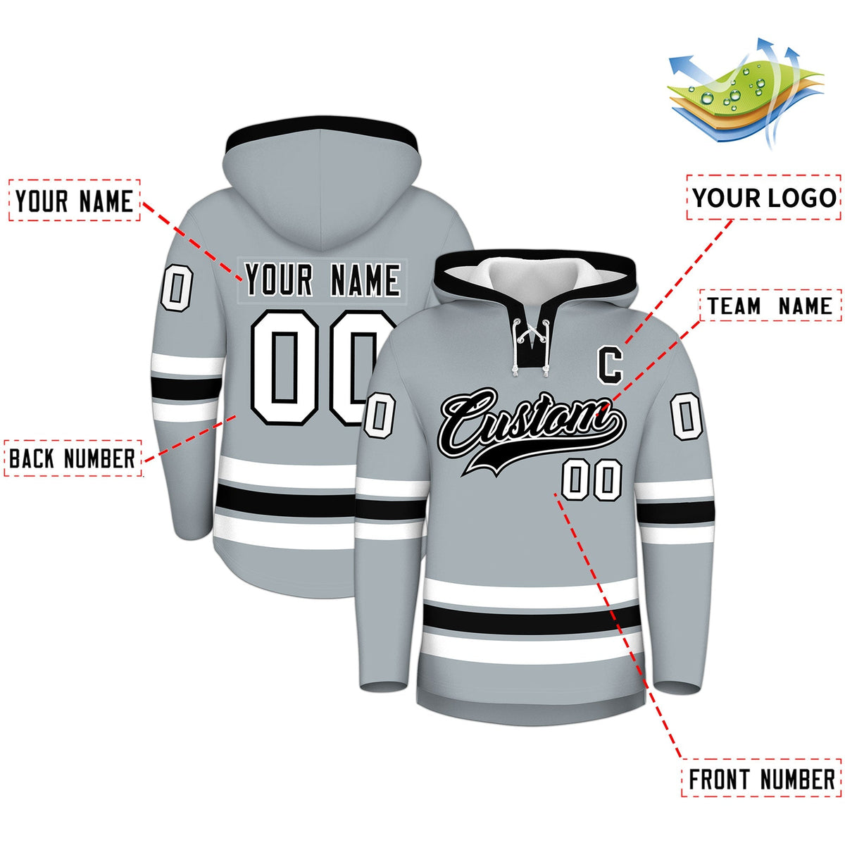 Custom Hockey Hoodie Jersey Silver Black Classic Style for Men&amp;Youth