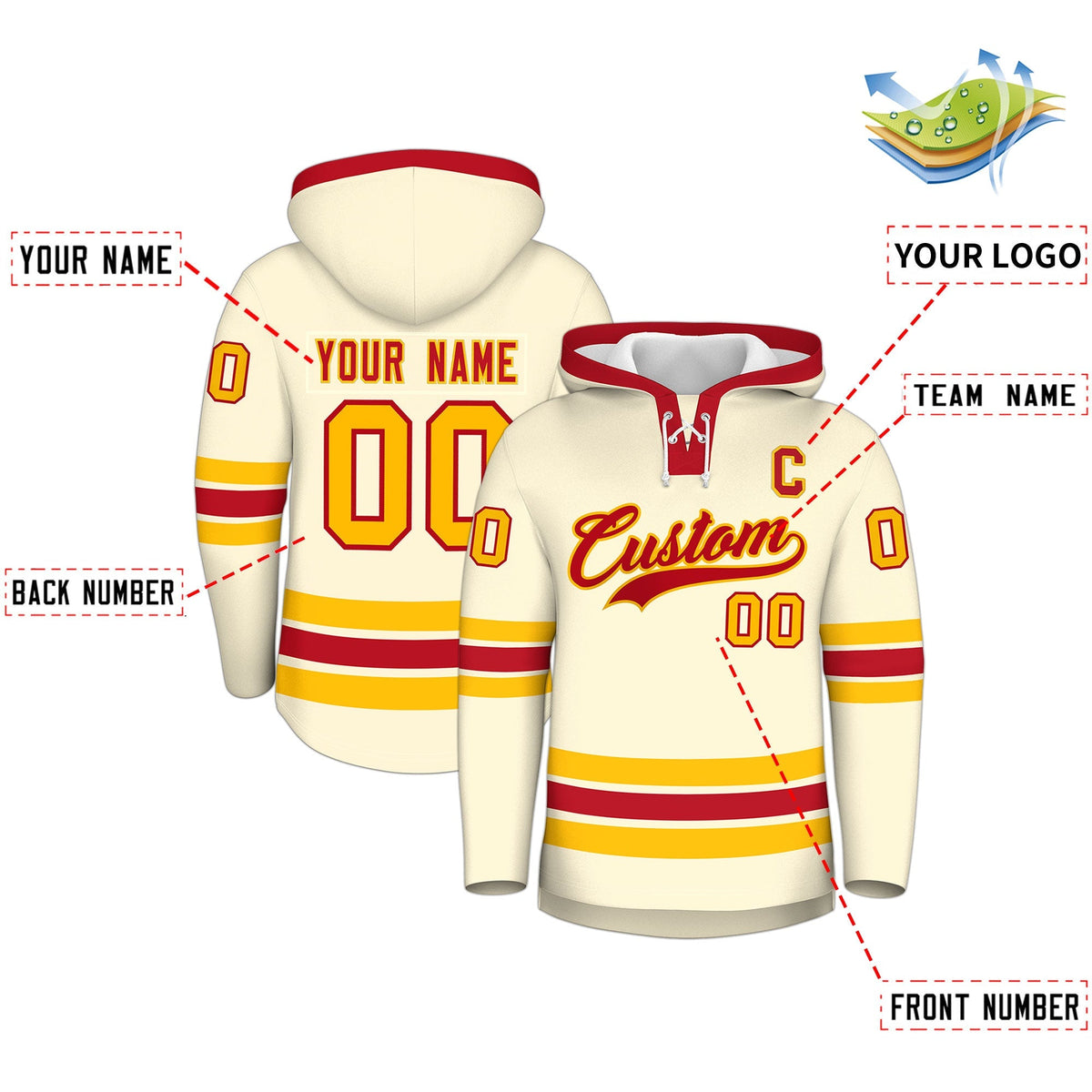 Custom Hockey Hoodie Jersey Cream Red Classic Style Add Name,Number &amp; Logo