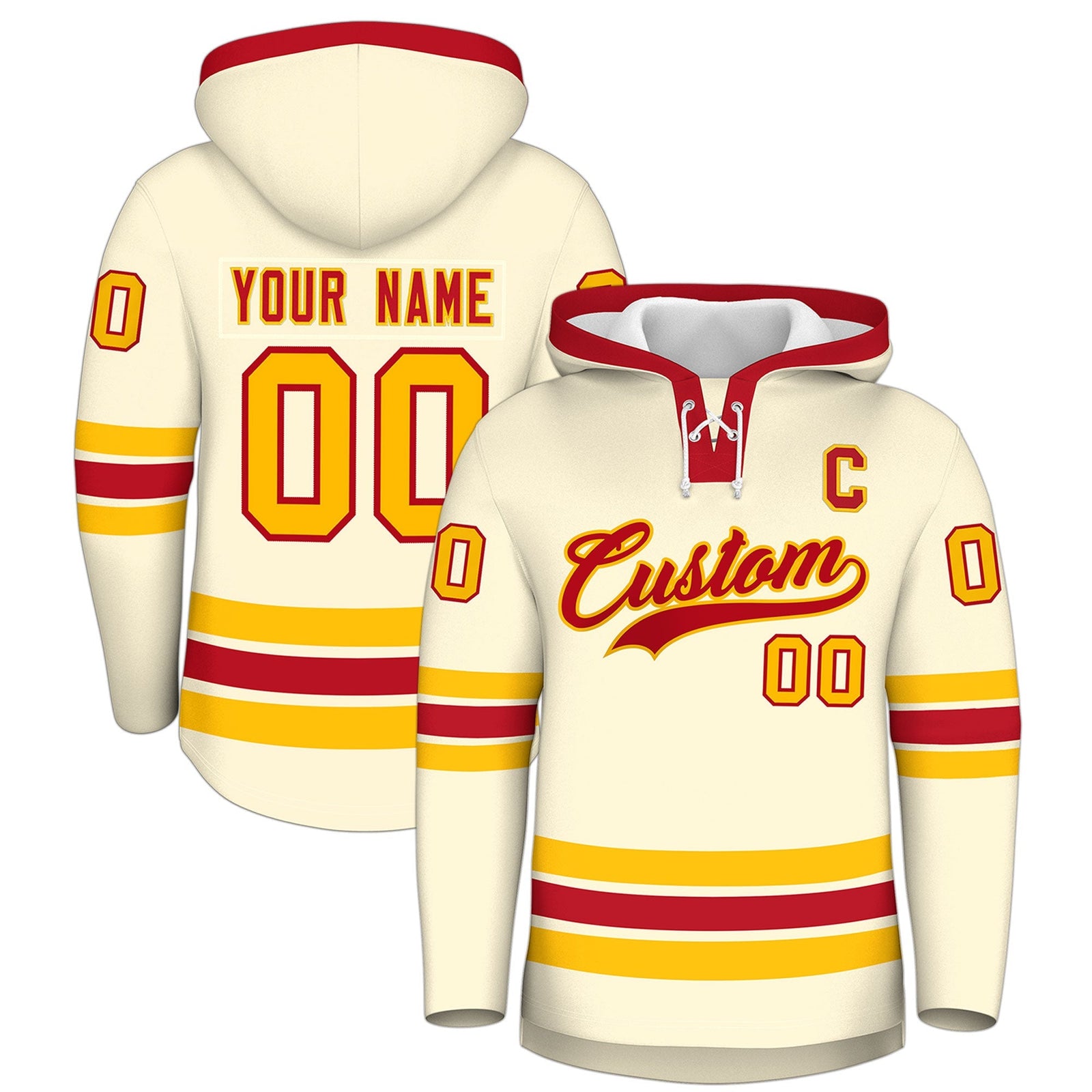 Custom Hockey Hoodie Jersey Cream Red Classic Style Add Name,Number & Logo