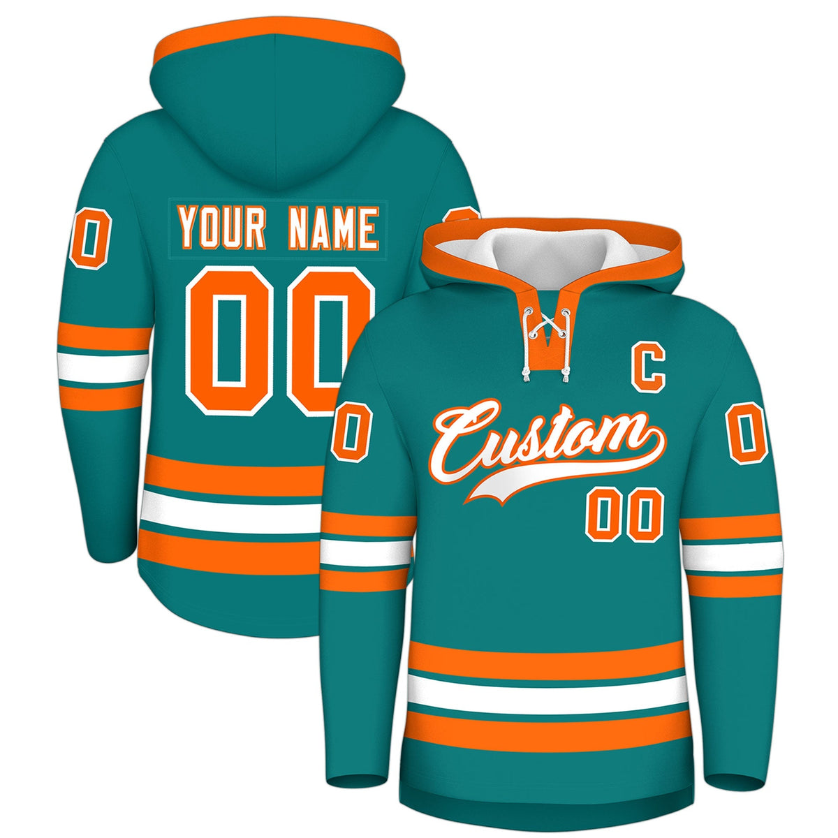 Custom Hockey Hoodie Jersey Teal Orange Classic Style Add Name,Number &amp; Logo