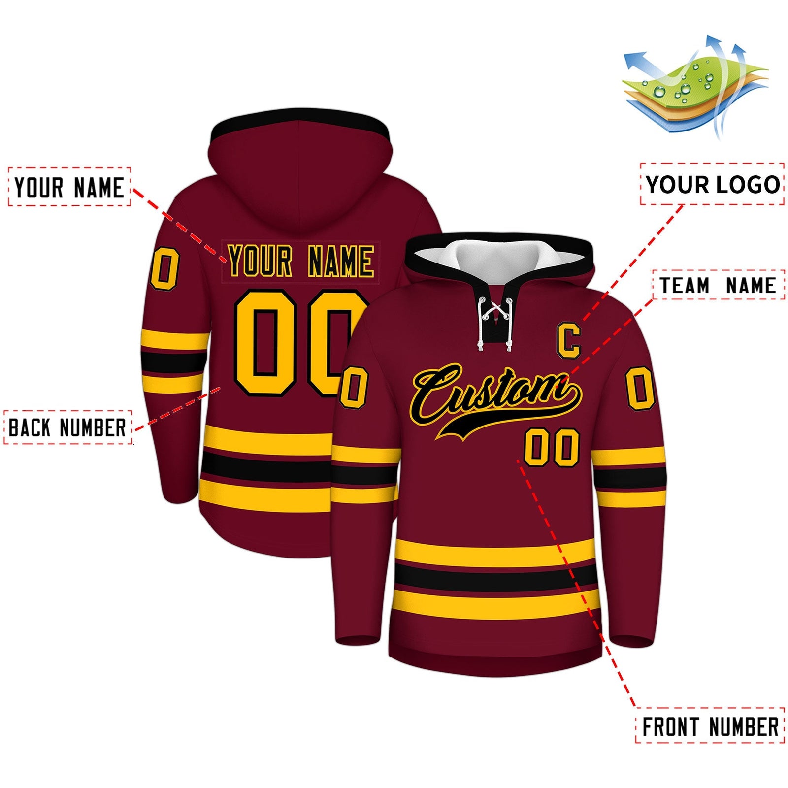 Custom Hockey Hoodie Jersey Crimson Black Classic Style Add Name,Number & Logo