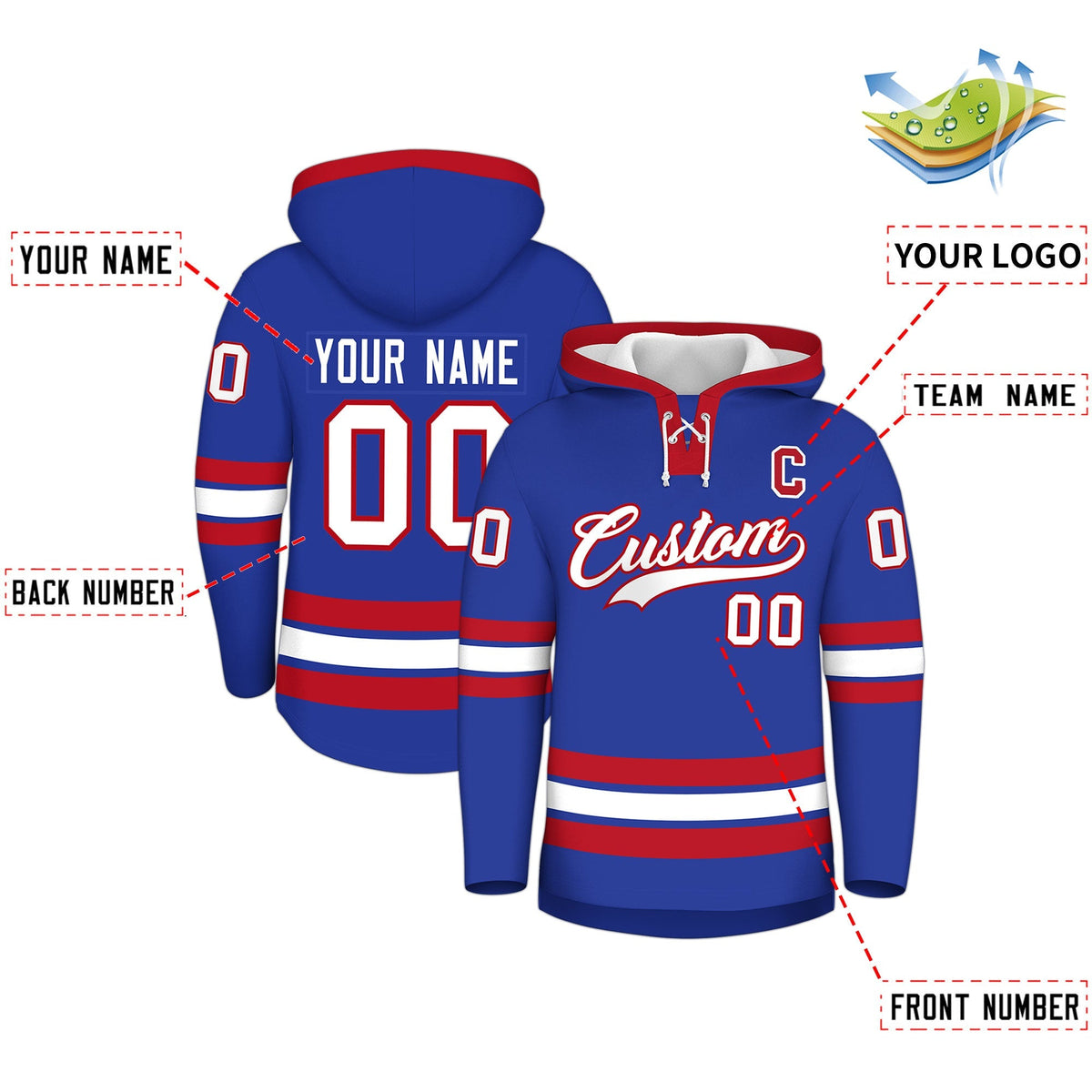 Custom Hockey Hoodie Jersey Royal Blue Red Classic Style Add Name,Number &amp; Logo