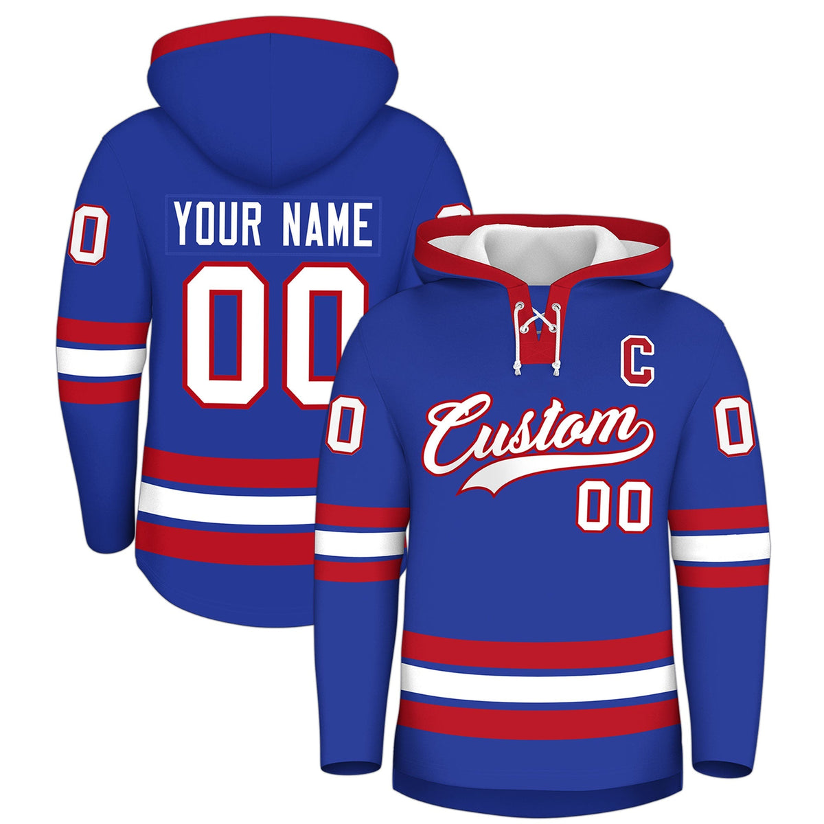 Custom Hockey Hoodie Jersey Royal Blue Red Classic Style Add Name,Number &amp; Logo