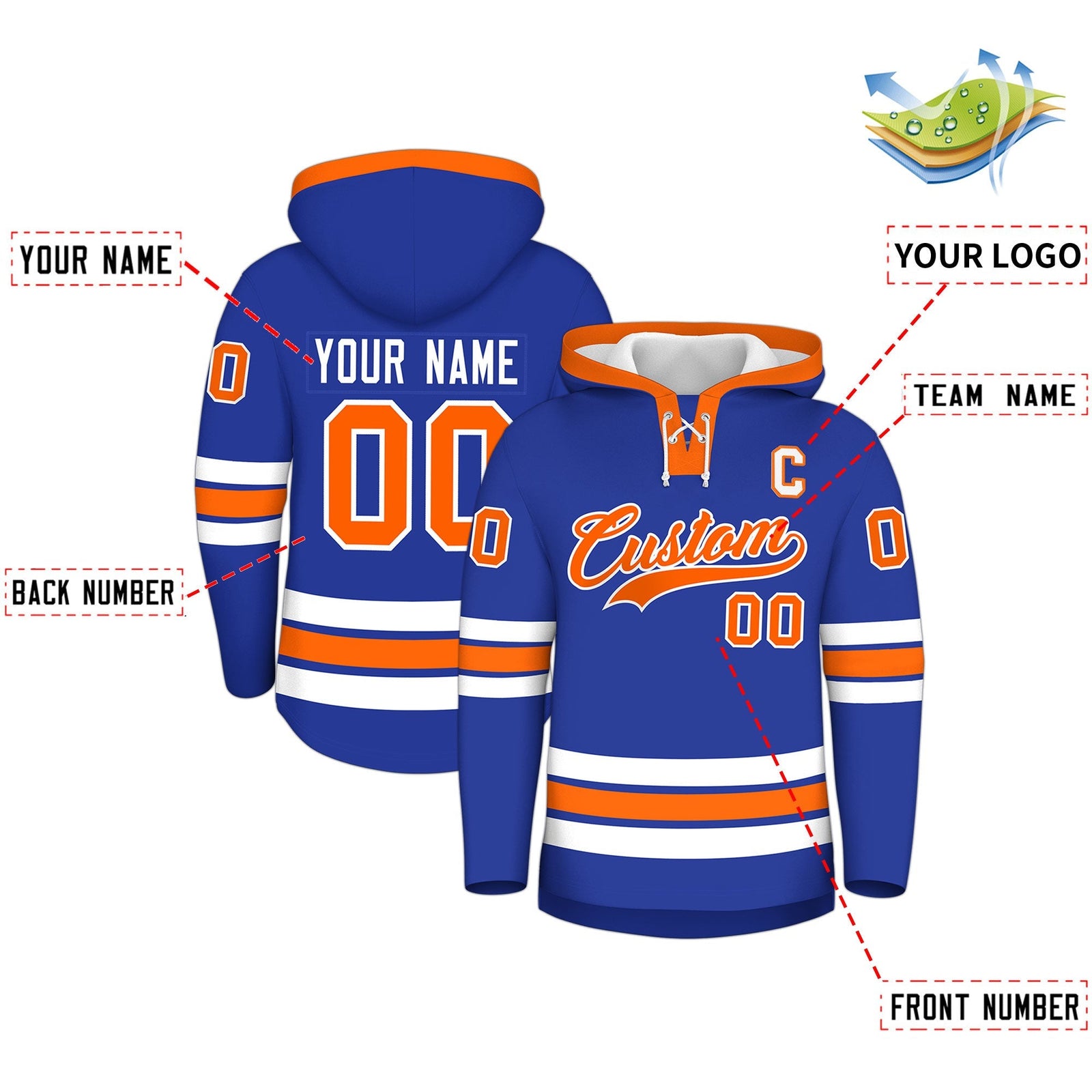 Custom Hockey Hoodie Jersey Royal Blue Orange Classic Style for Men&Youth