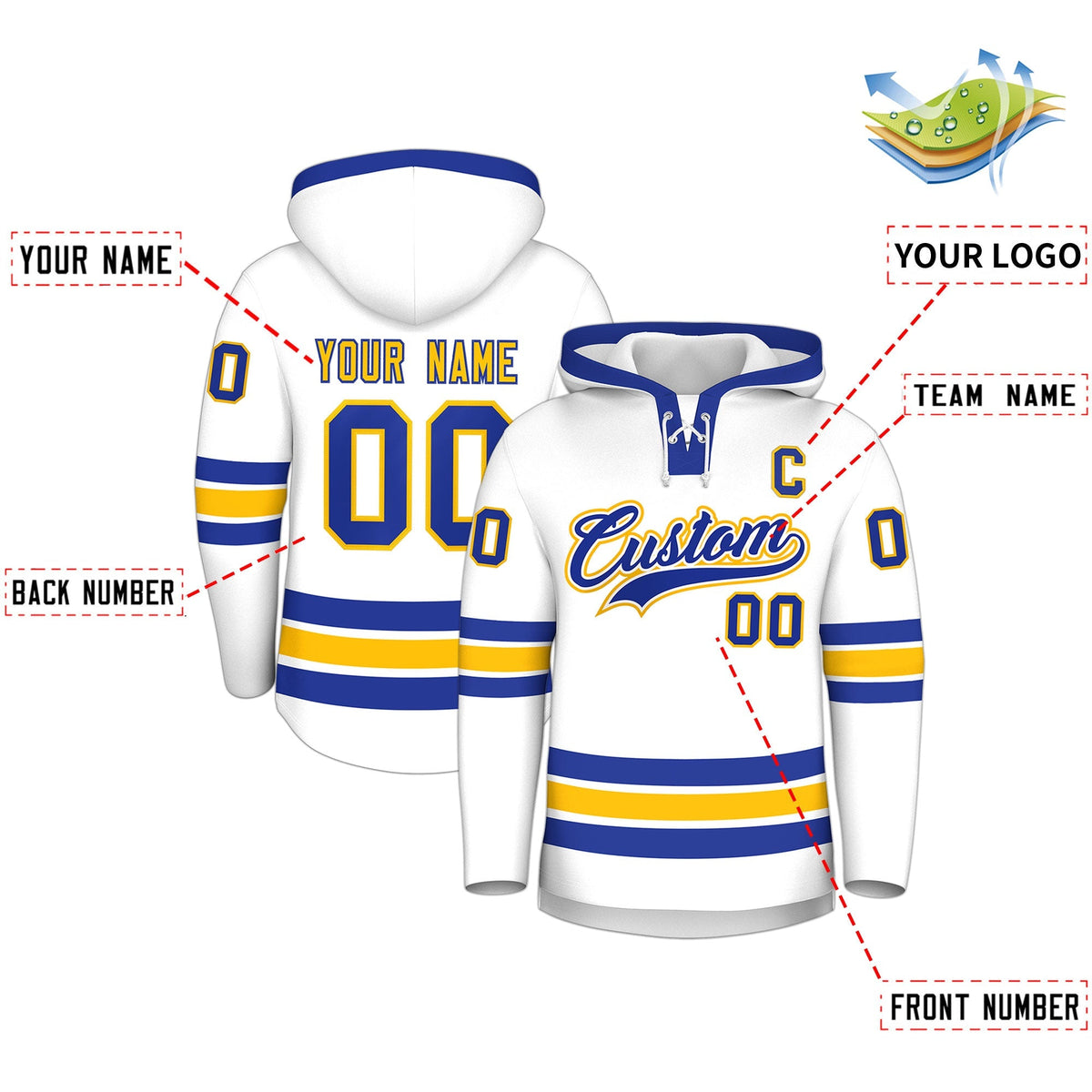 Custom Hockey Hoodie Jersey White Royal Blue Classic Style Add Name,Number &amp; Logo