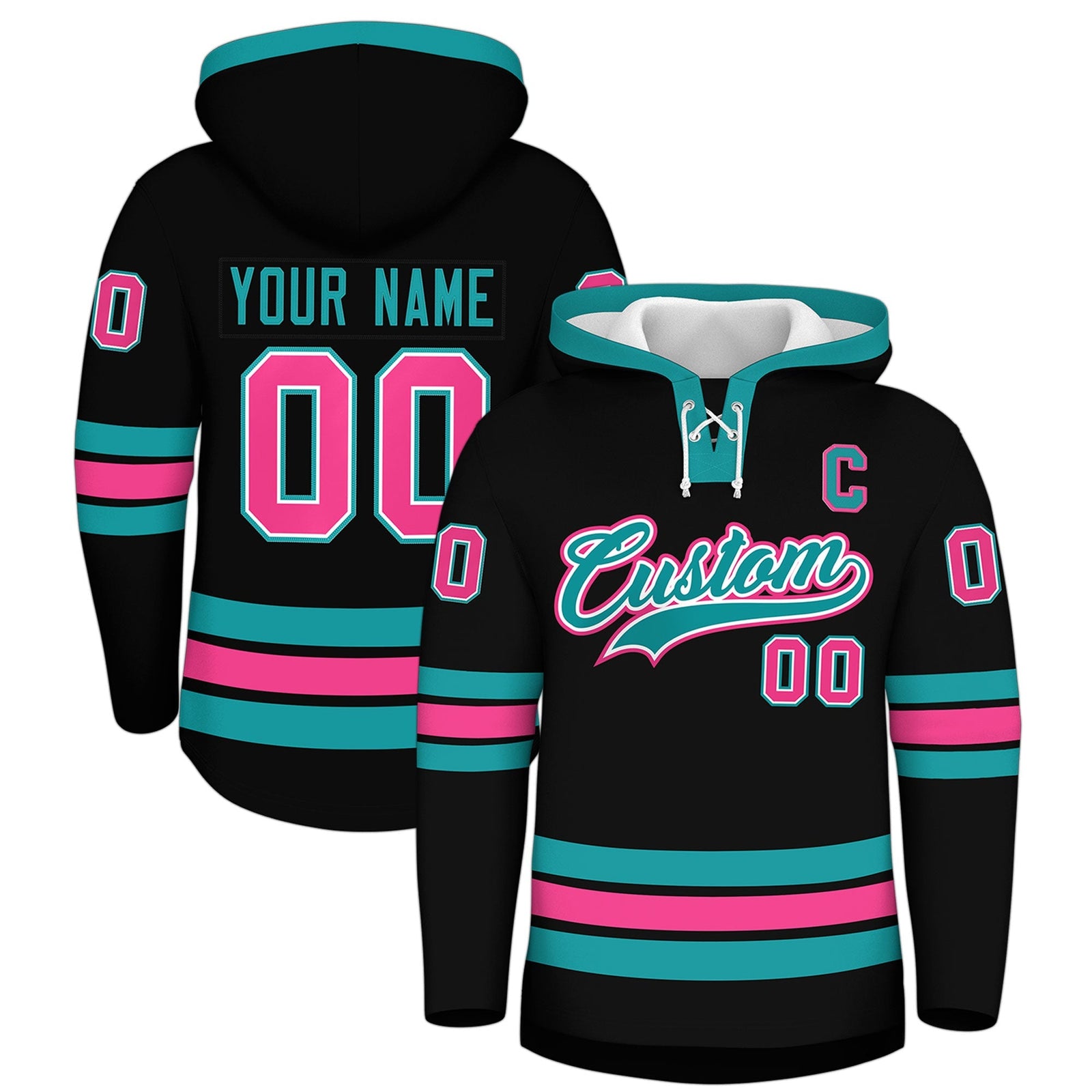 Custom Hockey Hoodie Jersey Black Aqua Classic Style Add Name,Number & Logo