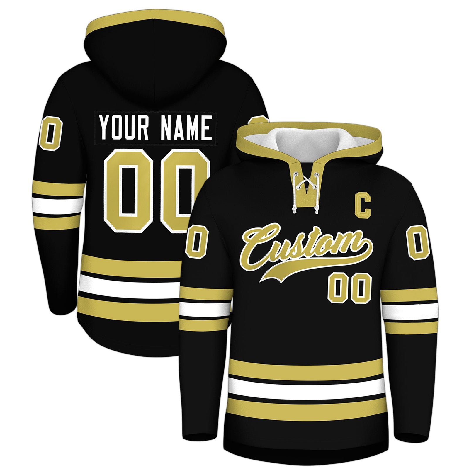 Custom Hockey Hoodie Jersey Black Old Gold Classic Style for Men&Youth