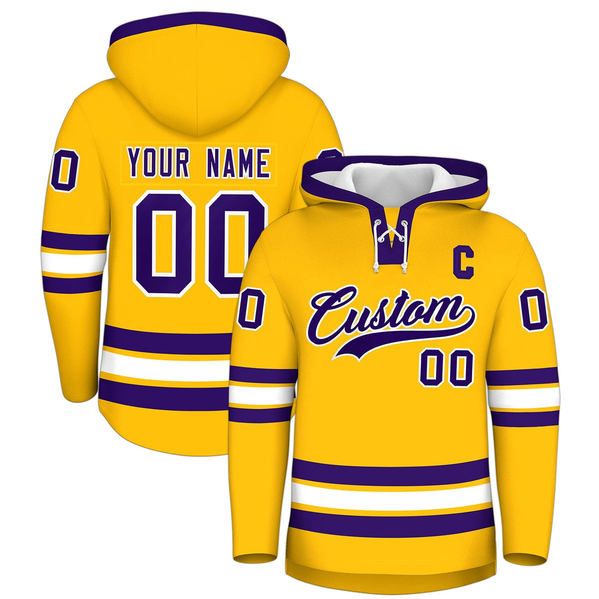 Custom Hockey Hoodie Jersey Gold Purple Classic Style Add Name,Number &amp; Logo