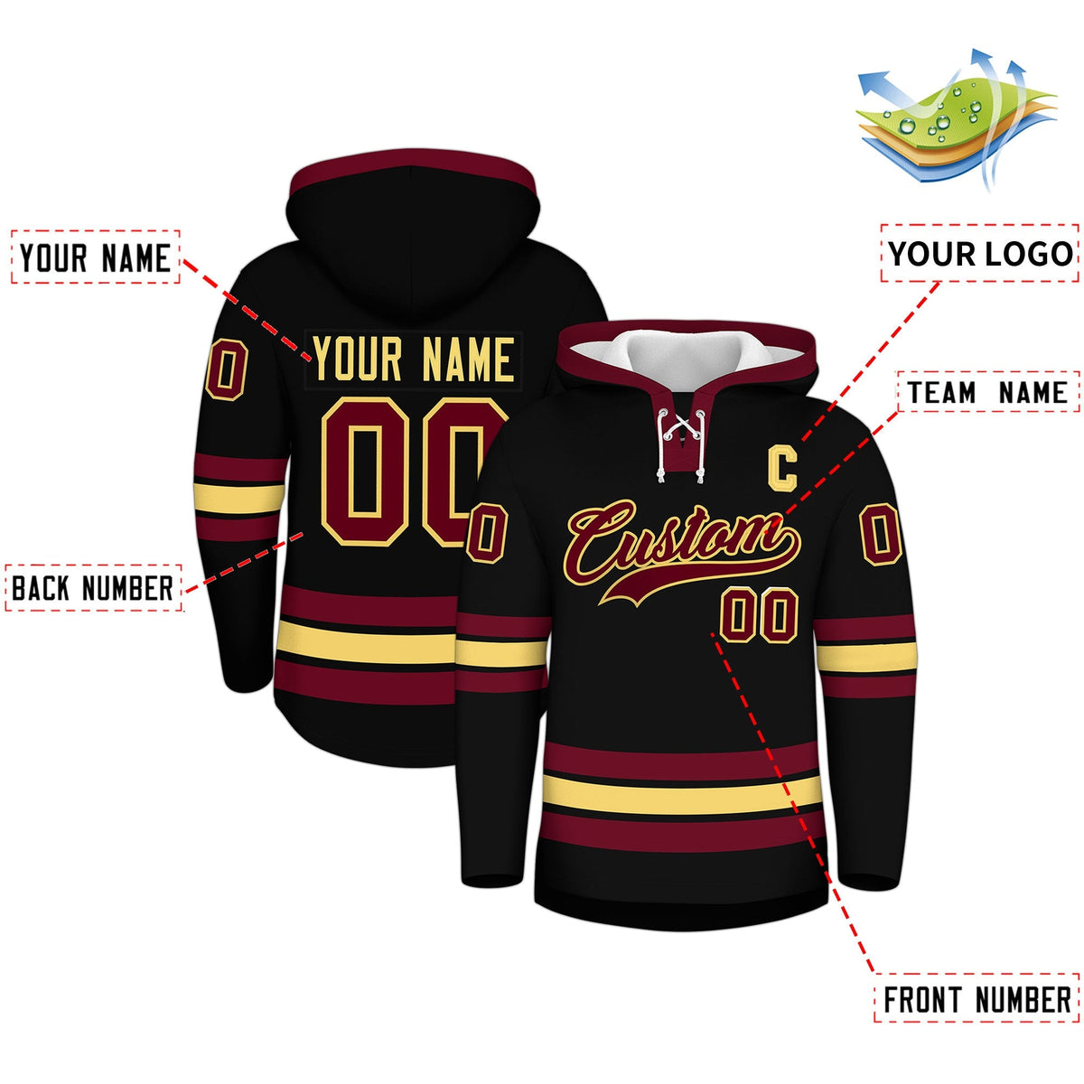 Custom Hockey Hoodie Jersey Black Crimson Classic Style for Men&amp;Youth