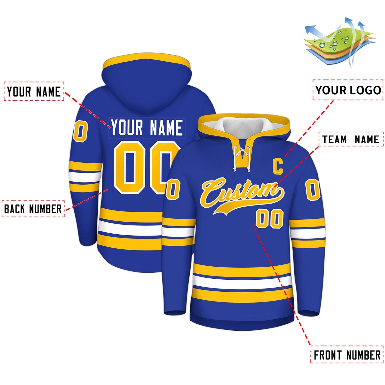 Custom Hockey Hoodie Jersey Royal Blue Gold Classic Style for Men&Youth