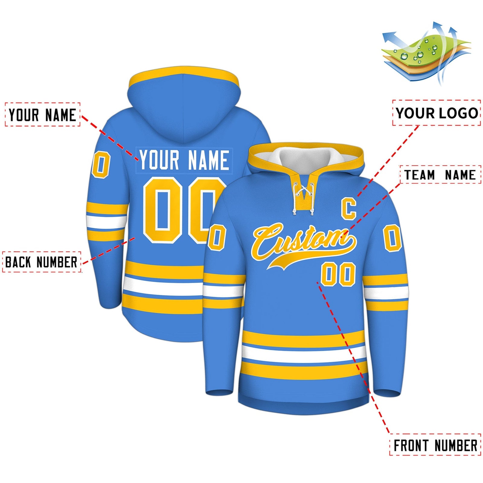 Custom Hockey Hoodie Jersey Powder Blue Gold Classic Style Add Name,Number & Logo