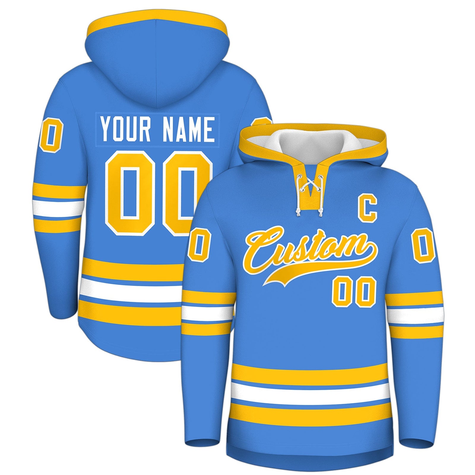 Custom Hockey Hoodie Jersey Powder Blue Gold Classic Style Add Name,Number & Logo