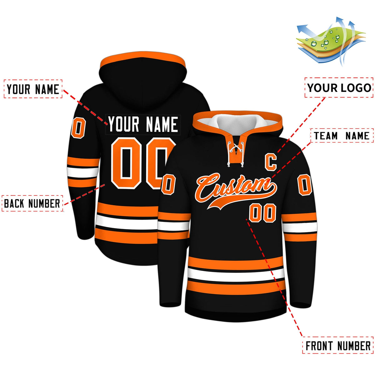 Custom Hockey Hoodie Jersey Black Orange Classic Style Add Name,Number &amp; Logo