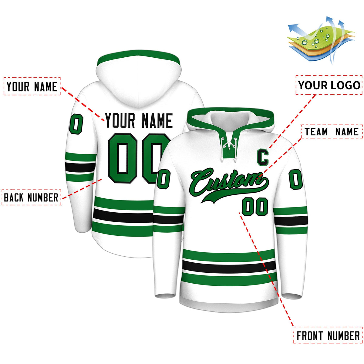 Custom Hockey Hoodie Jersey White Kelly Green Classic Style Add Name,Number &amp; Logo