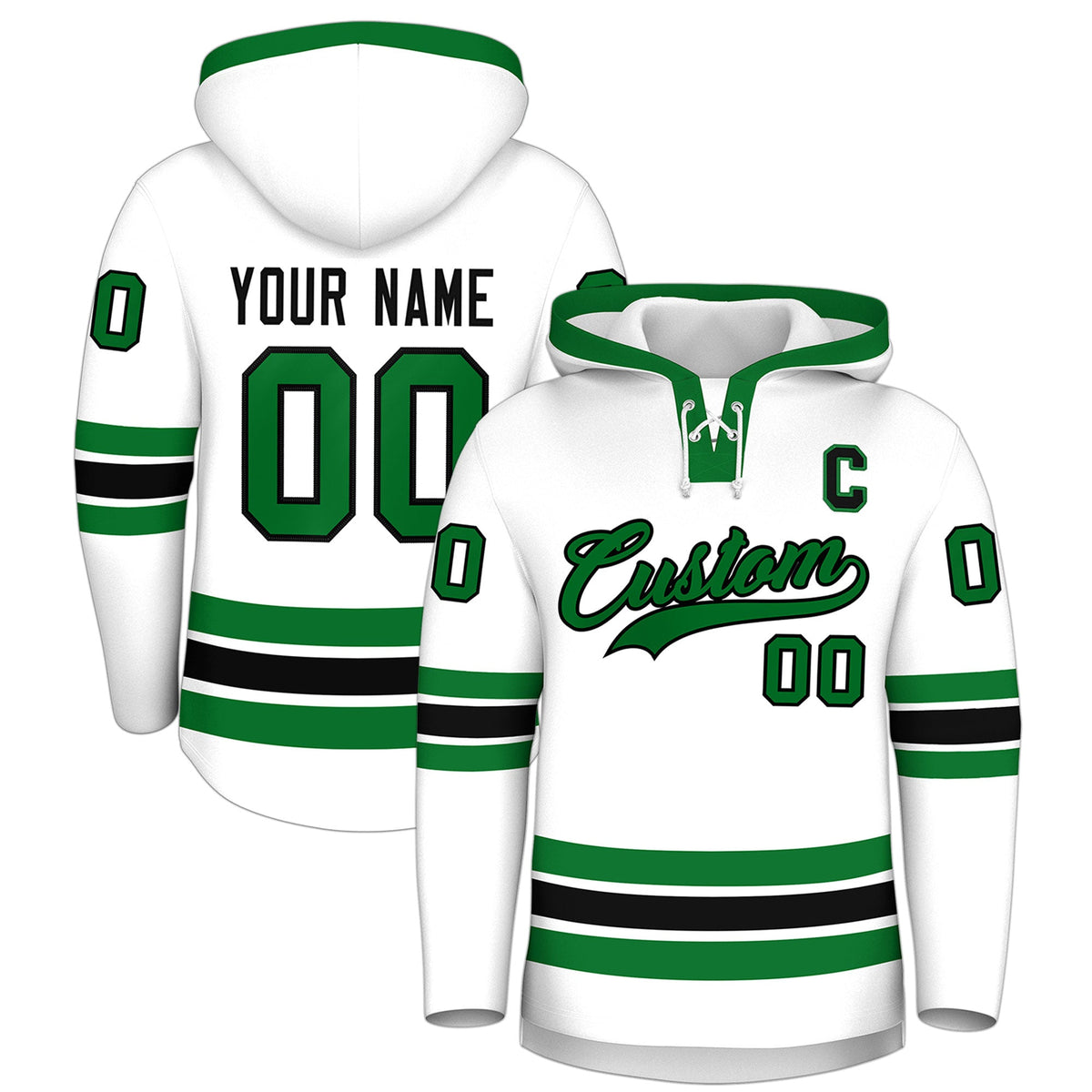 Custom Hockey Hoodie Jersey White Kelly Green Classic Style Add Name,Number &amp; Logo