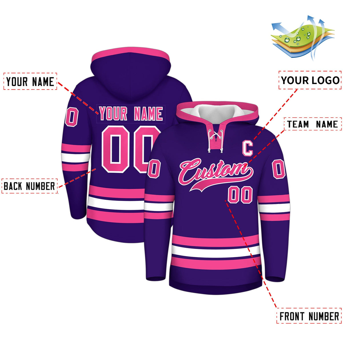 Custom Hockey Hoodie Jersey Purple Pink Classic Style for Men&amp;Youth