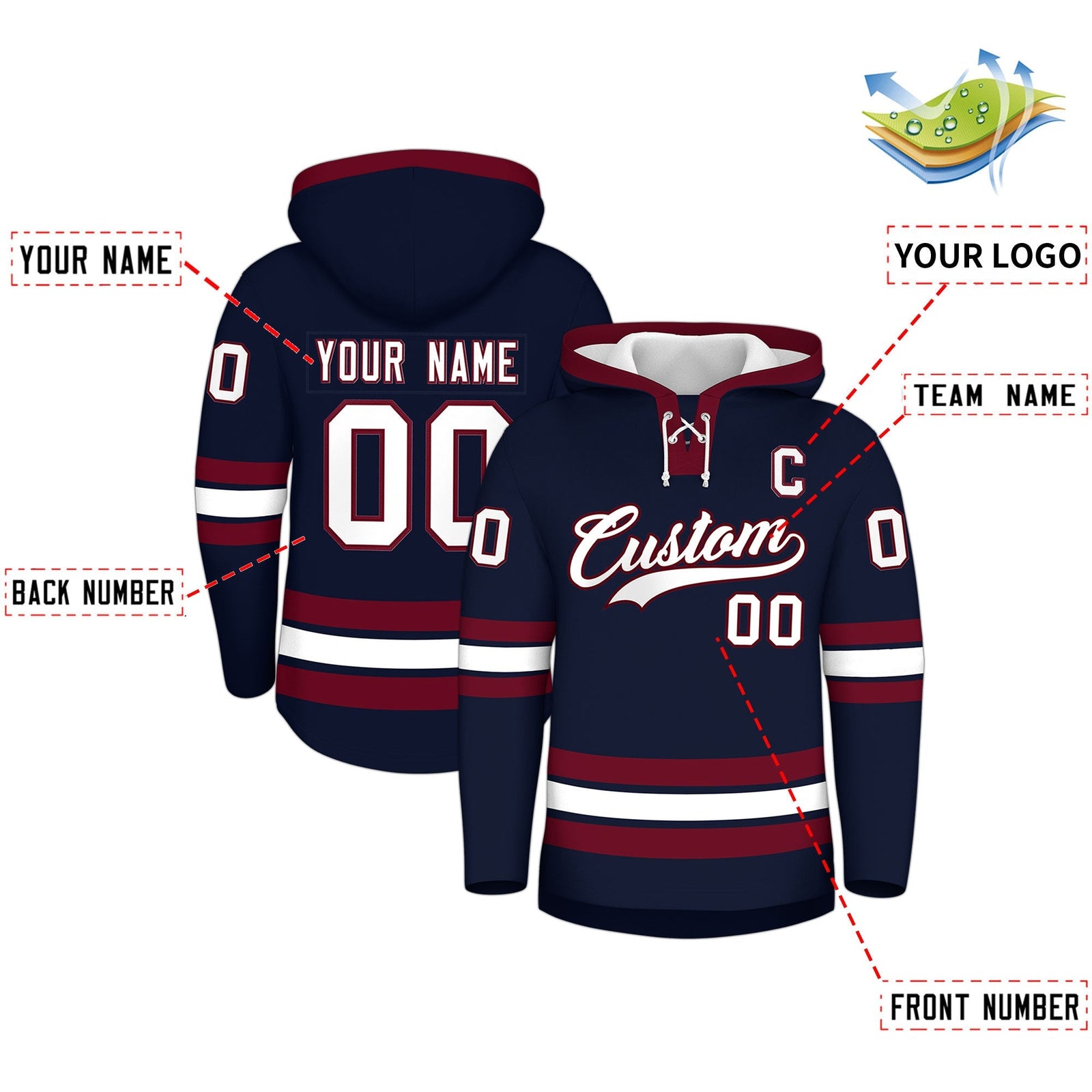 Custom Hockey Hoodie Jersey Navy Crimson Classic Style Add Name,Number & Logo