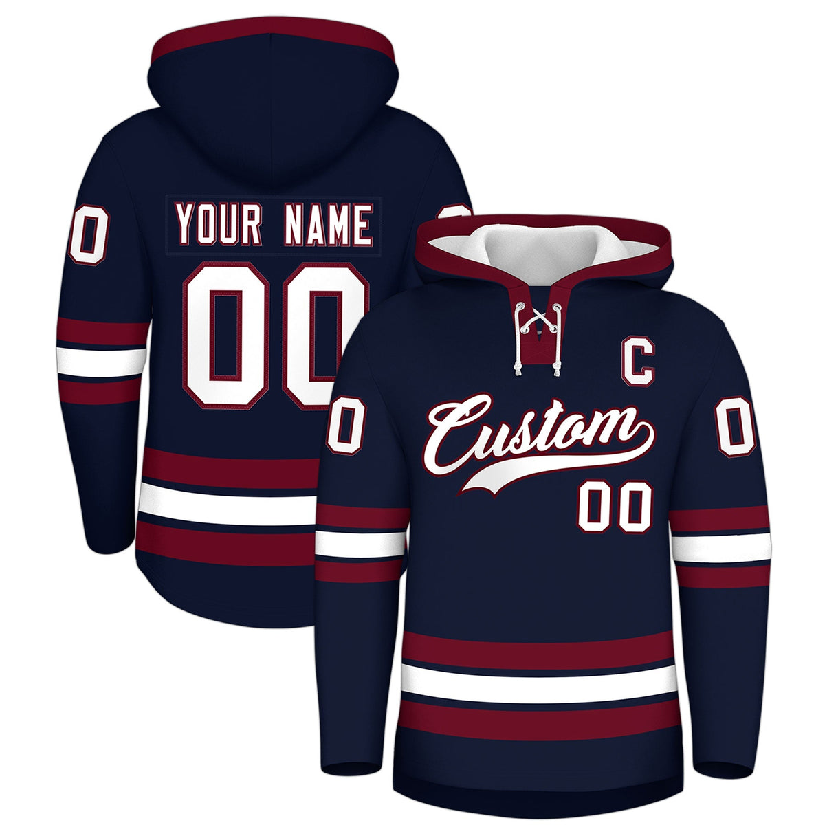 Custom Hockey Hoodie Jersey Navy Crimson Classic Style Add Name,Number &amp; Logo
