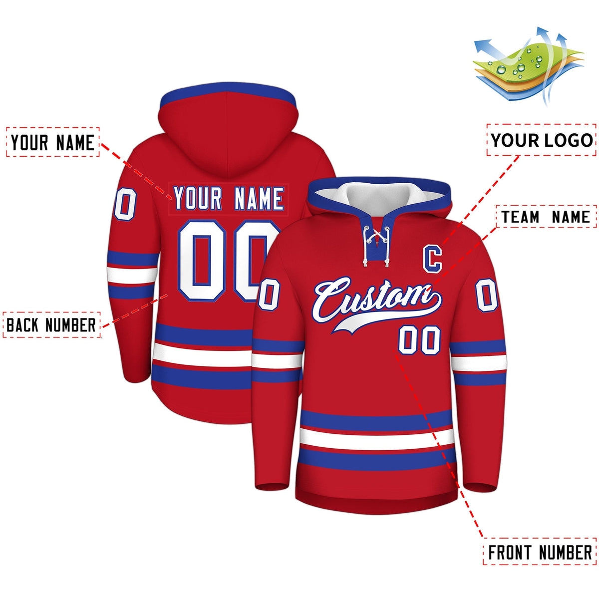 Custom Hockey Hoodie Jersey Red Royal Blue Classic Style Add Name,Number &amp; Logo