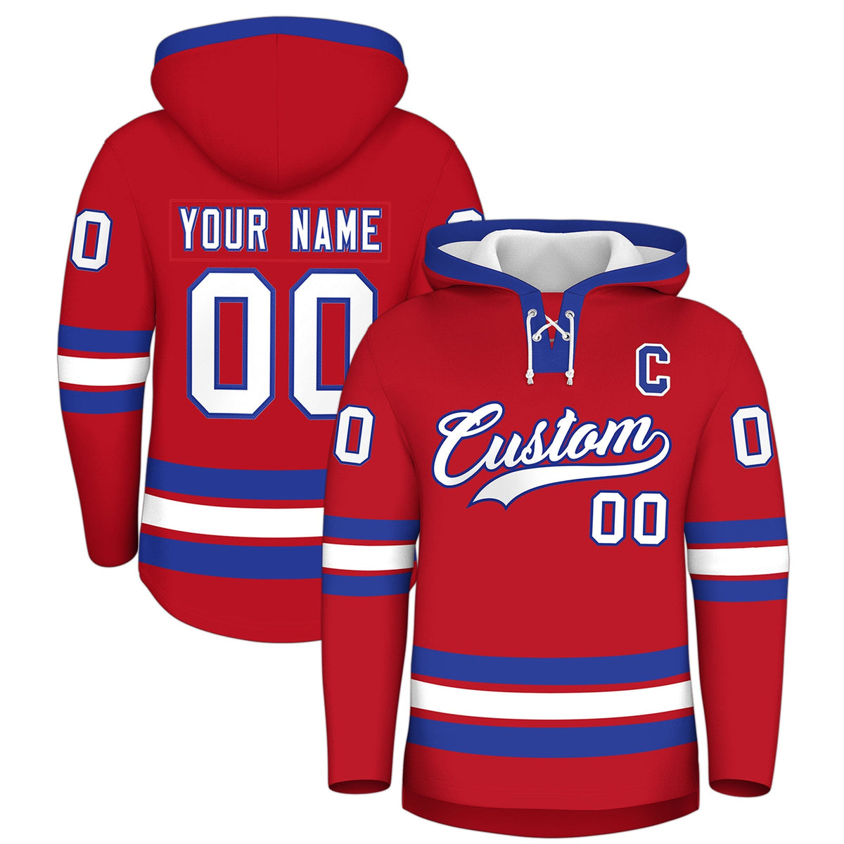Custom Hockey Hoodie Jersey Red Royal Blue Classic Style Add Name,Number &amp; Logo