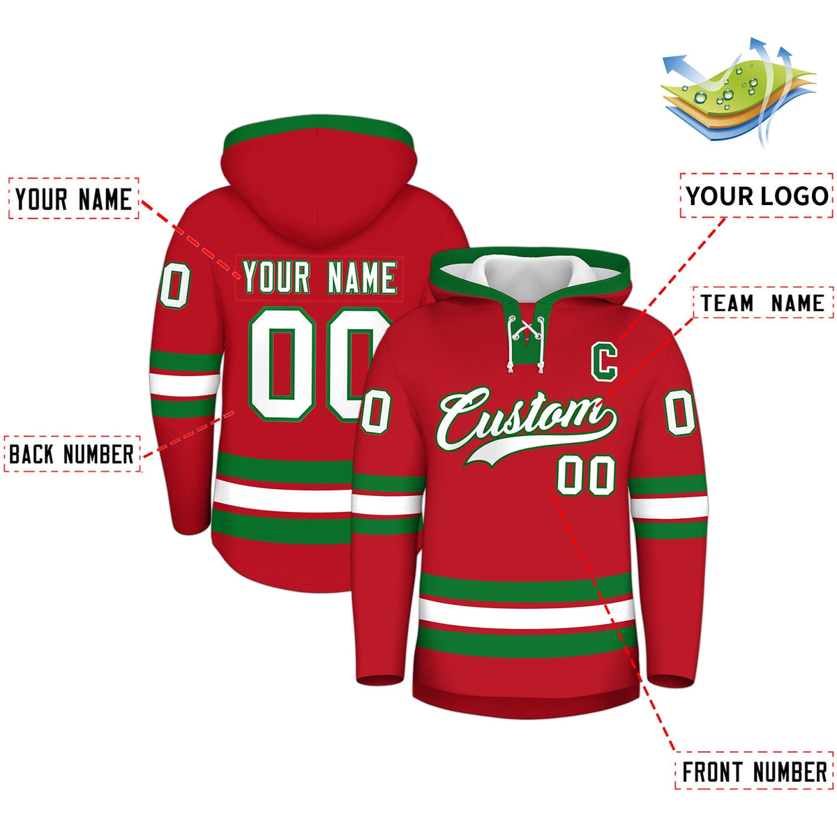 Custom Hockey Hoodie Jersey Red Kelly Green Classic Style for Men&amp;Youth