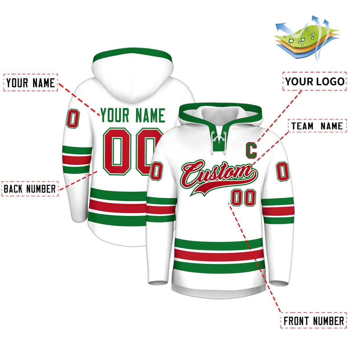 Custom Hockey Hoodie Jersey White Kelly Green Classic Style Add Name,Number &amp; Logo