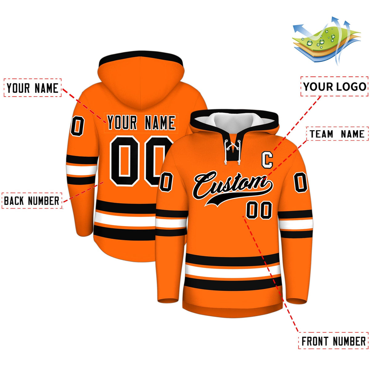 Custom Hockey Hoodie Jersey Orange Black Classic Style for Men&amp;Youth