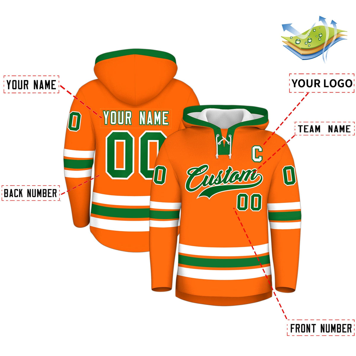 Custom Hockey Hoodie Jersey Orange Kelly Green Classic Style Add Name,Number &amp; Logo