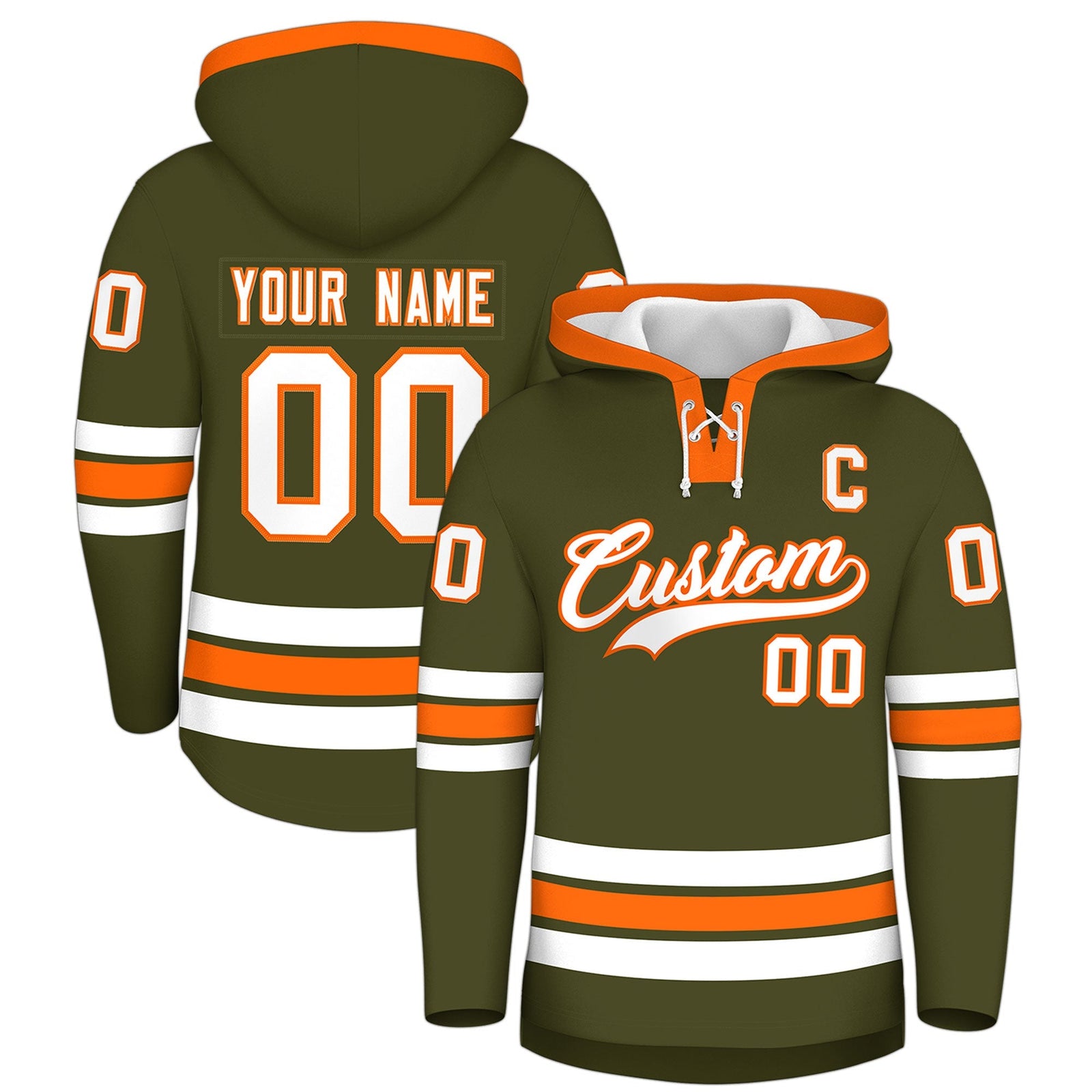 Custom Hockey Hoodie Jersey Olive Orange Classic Style for Men&Youth