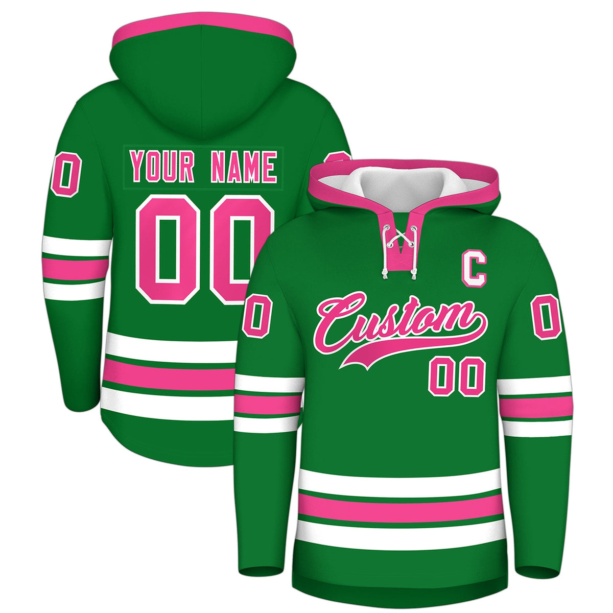 Custom Hockey Hoodie Jersey Kelly Green Pink Classic Style for Men&amp;Youth