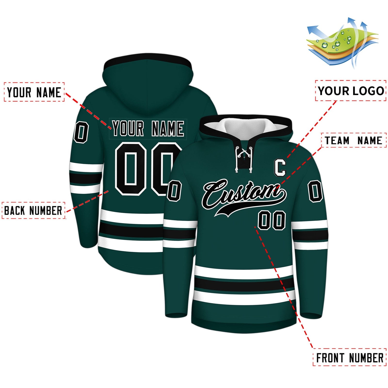 Custom Hockey Hoodie Jersey Midnight Green Black Classic Style Add Name,Number & Logo