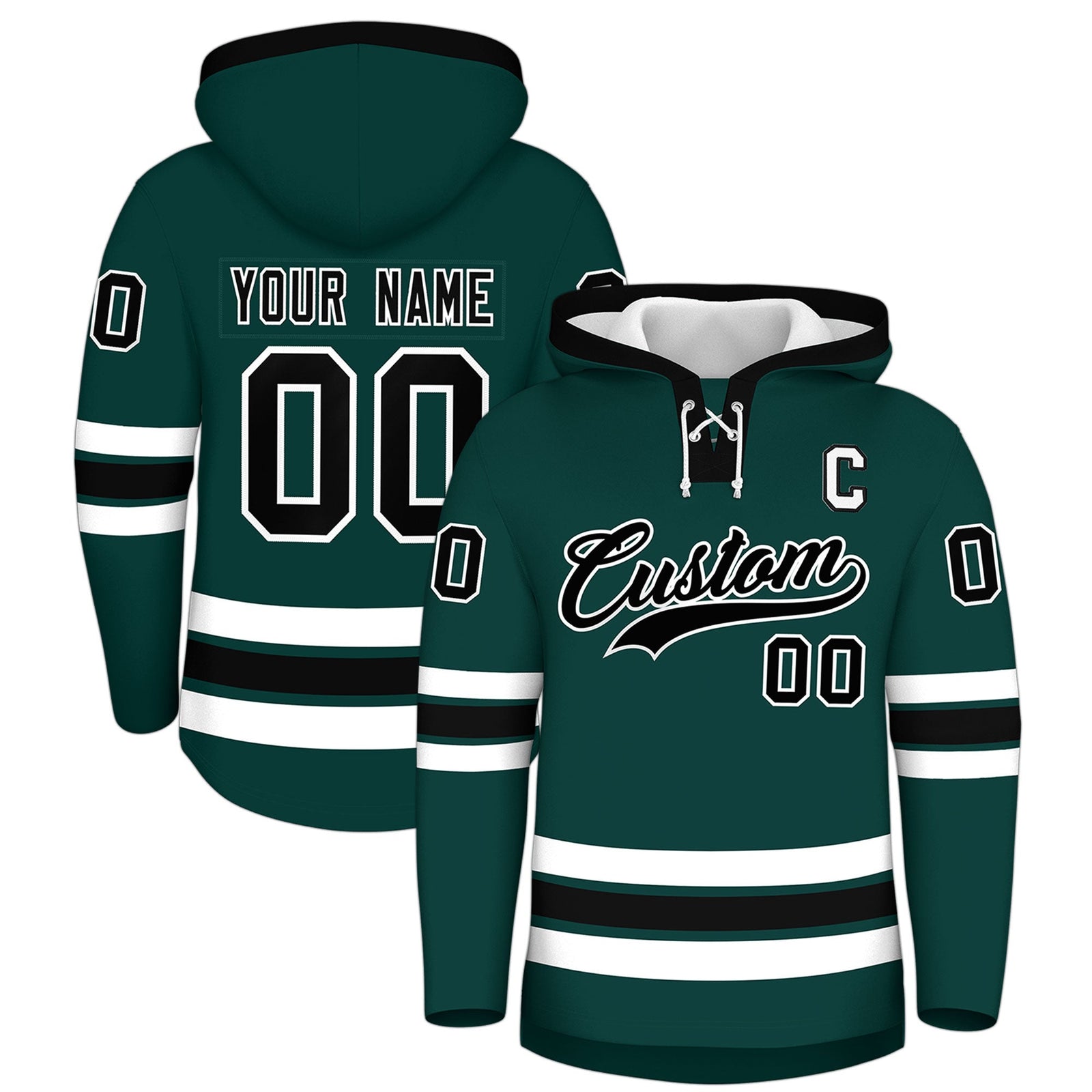 Custom Hockey Hoodie Jersey Midnight Green Black Classic Style Add Name,Number & Logo