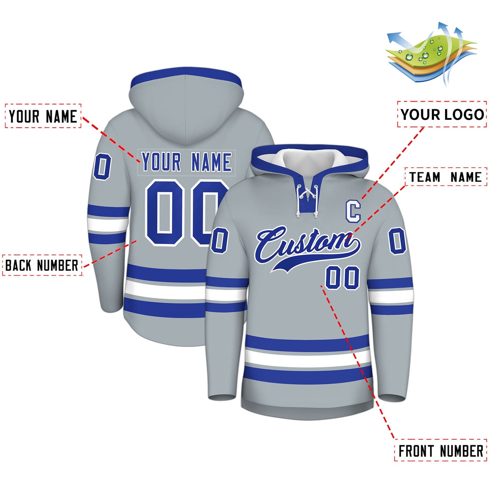 Custom Hockey Hoodie Jersey Silver Royal Blue Classic Style Add Name,Number & Logo