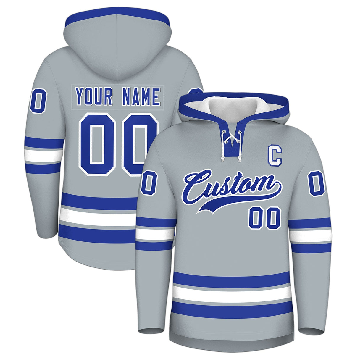 Custom Hockey Hoodie Jersey Silver Royal Blue Classic Style Add Name,Number &amp; Logo