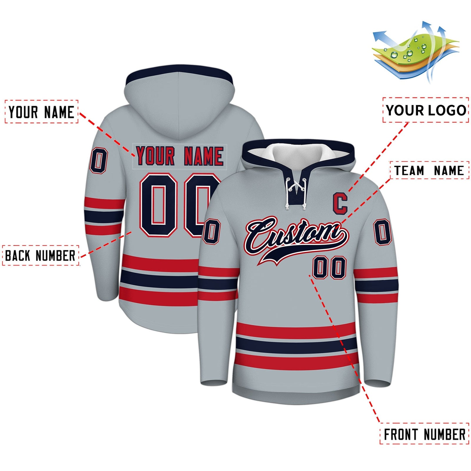 Custom Hockey Hoodie Jersey Silver Navy Classic Style Add Name,Number & Logo