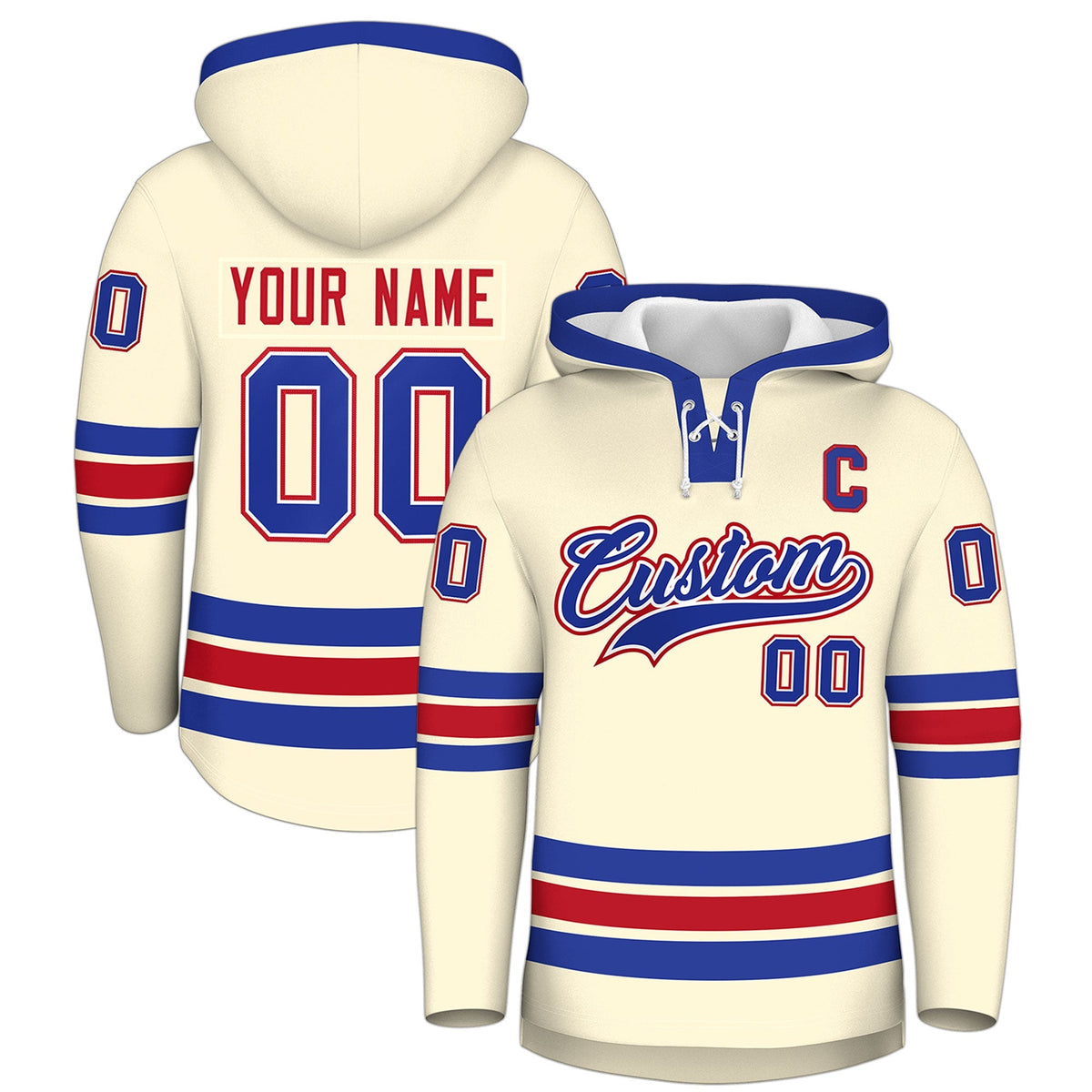Custom Hockey Hoodie Jersey Cream Royal Blue Classic Style Add Name,Number &amp; Logo