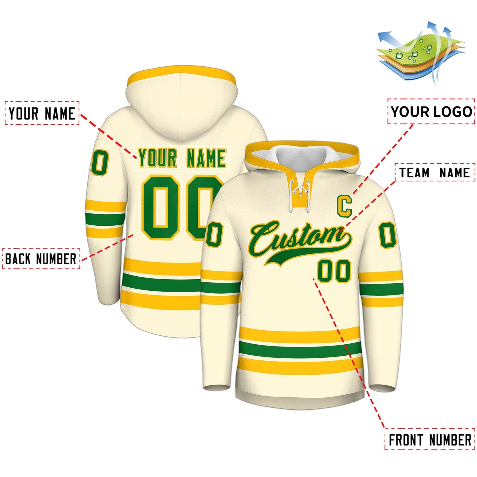 Custom Hockey Hoodie Jersey Cream Kelly Green Classic Style Add Name,Number & Logo