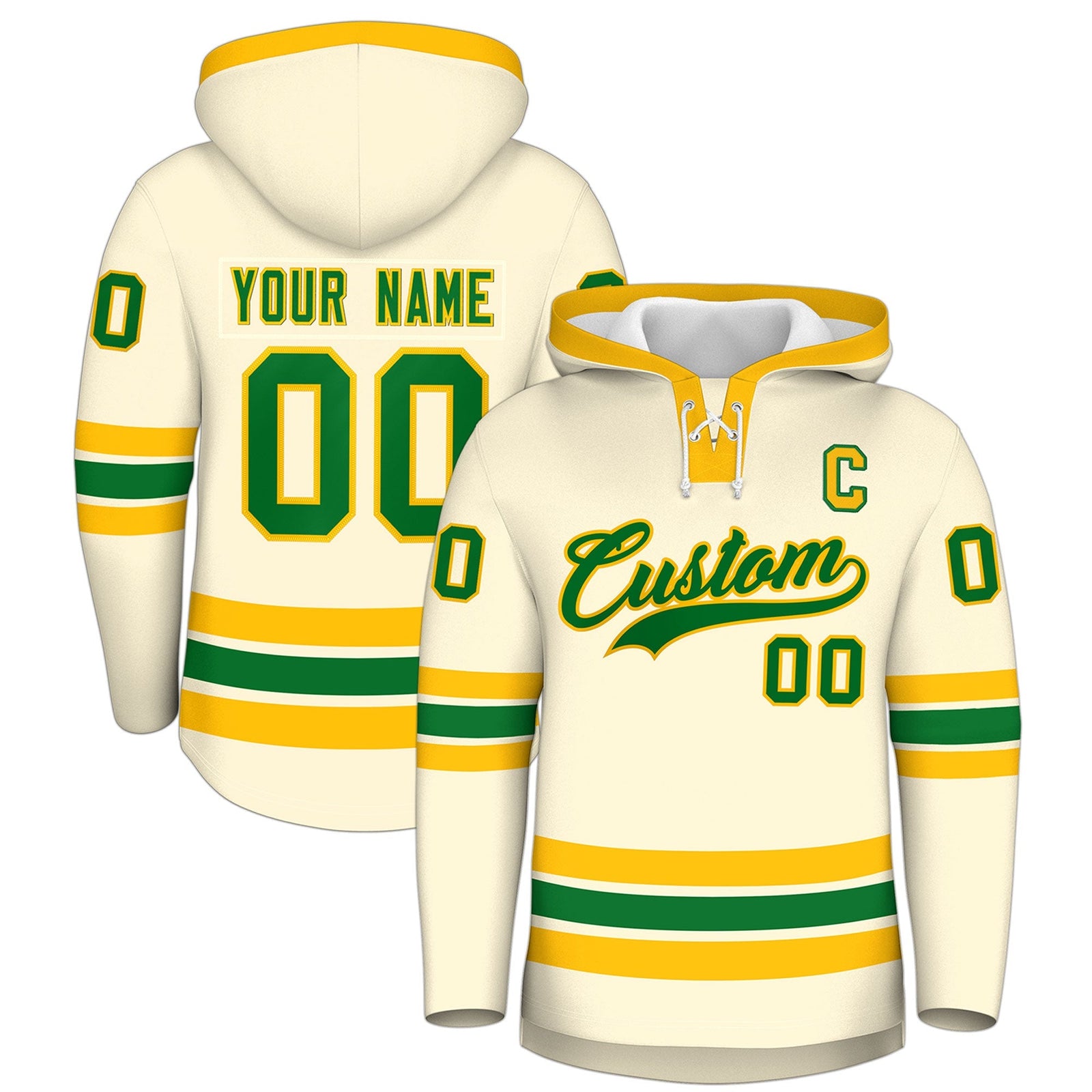 Custom Hockey Hoodie Jersey Cream Kelly Green Classic Style Add Name,Number & Logo