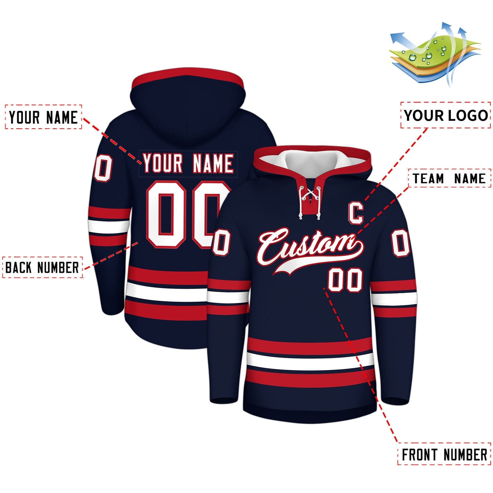 Custom Hockey Hoodie Jersey Navy Red Classic Style for Men&Youth