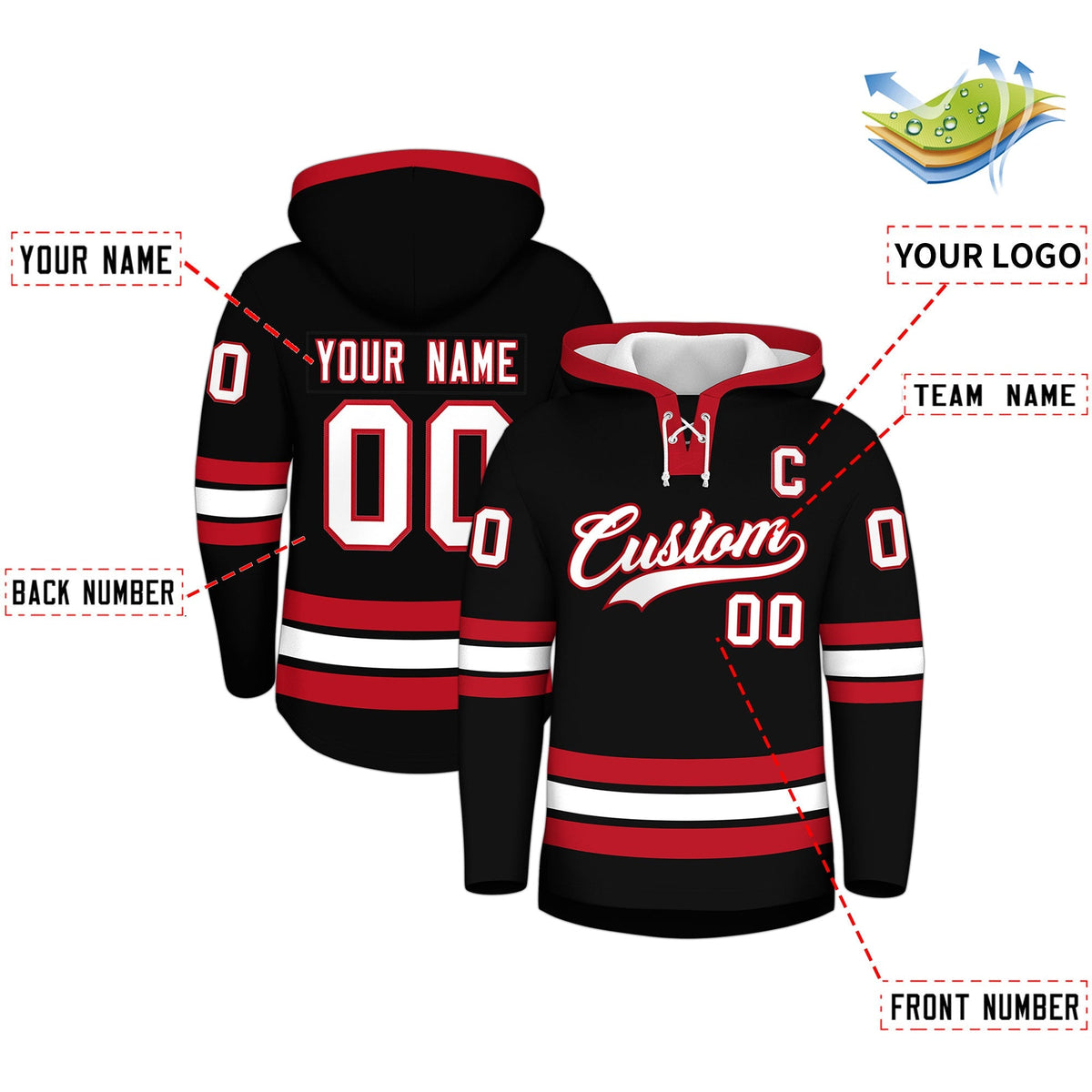 Custom Hockey Hoodie Jersey Black Red Classic Style Add Name,Number &amp; Logo