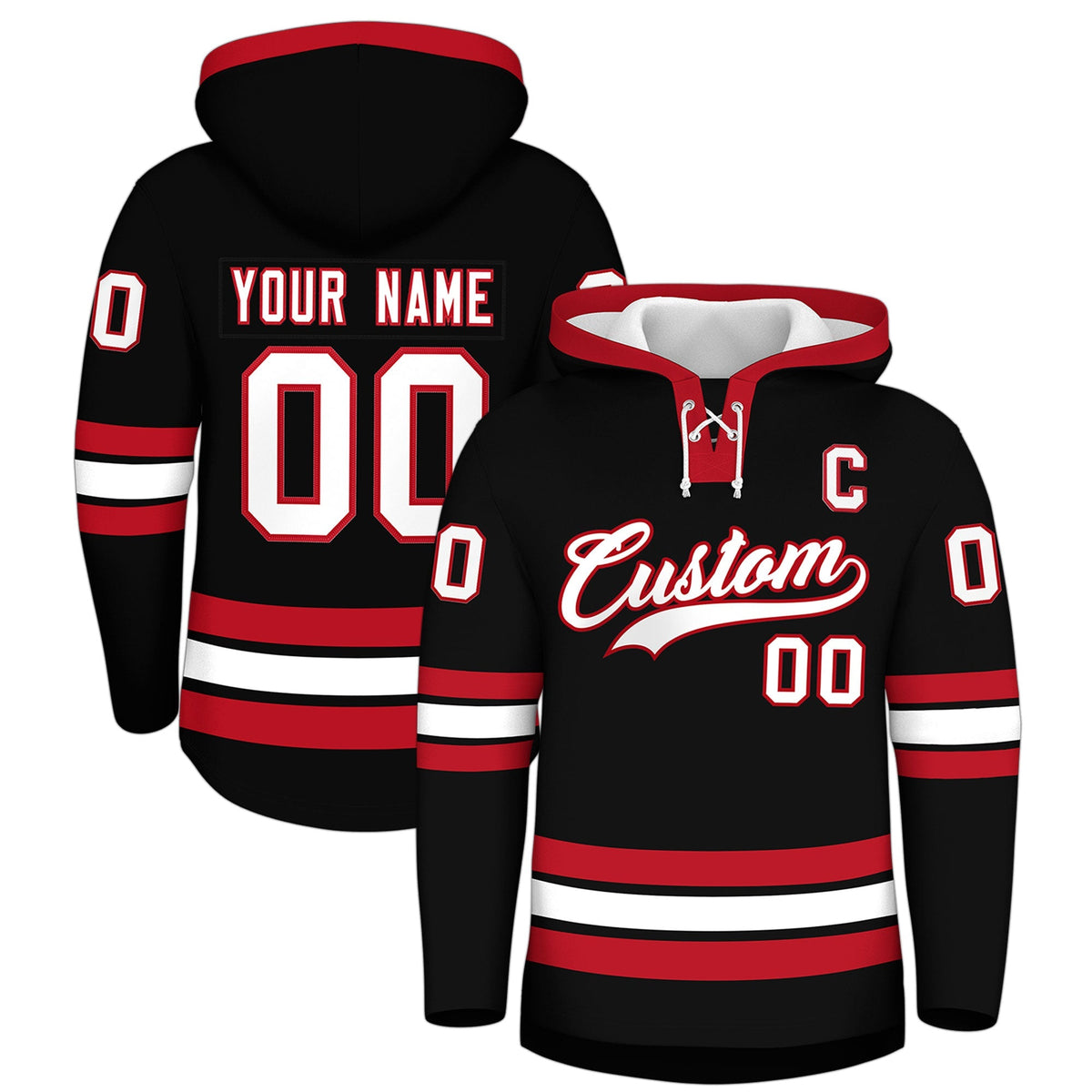 Custom Hockey Hoodie Jersey Black Red Classic Style Add Name,Number &amp; Logo