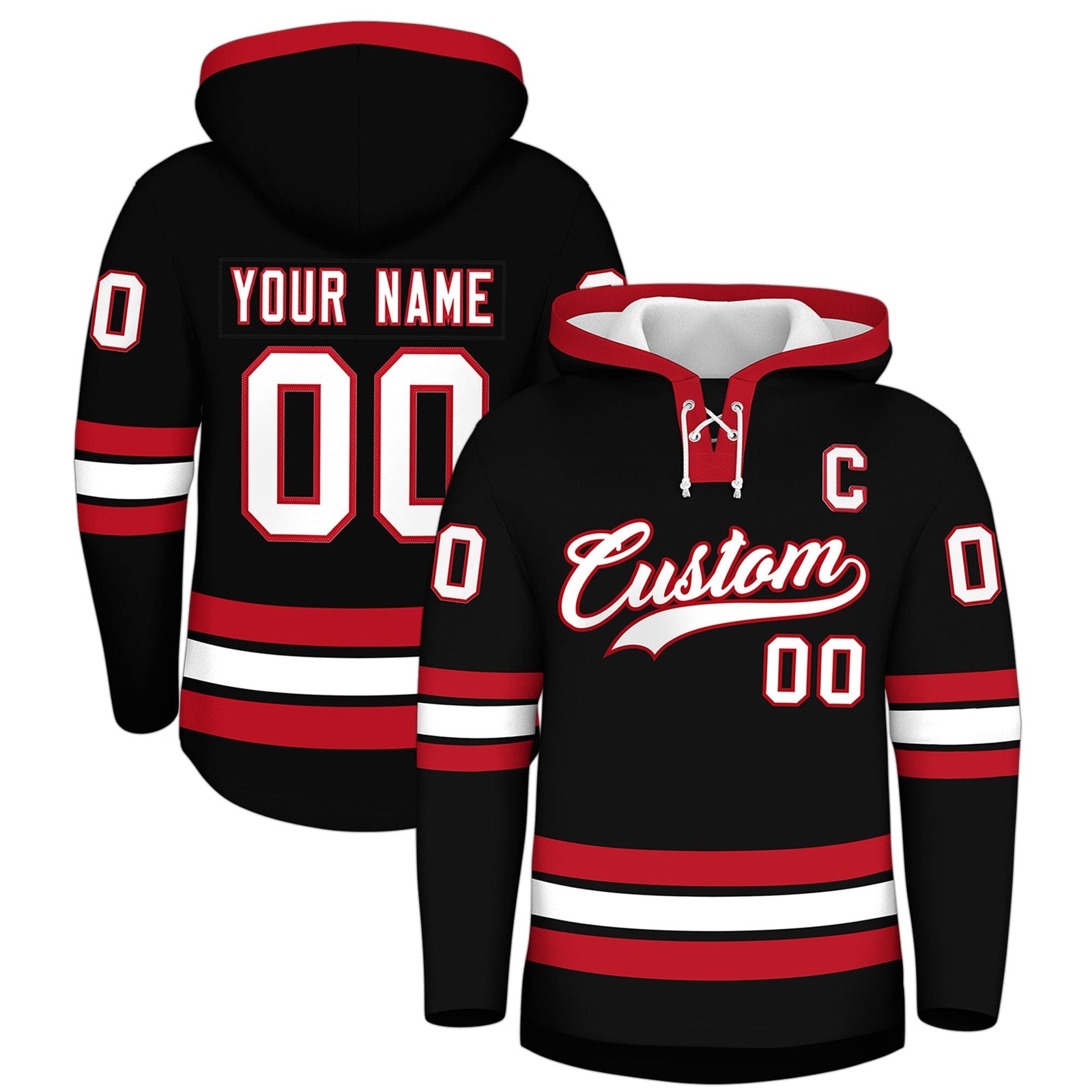 Custom Hockey Hoodie Jersey Black Red Classic Style Add Name,Number & Logo